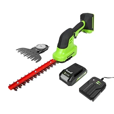 Abbildung von Greenworks G24SHTK2 2 in 1 Strauch und Grasschere, 20 cm Heckenklingen, schneidet bis zu 8 mm Stämme Zweige, 2800 Schnitte pro Minute, 15 Grasklinge, 24 V Akku &amp; Ladegerät, 3 Jahre Garantie