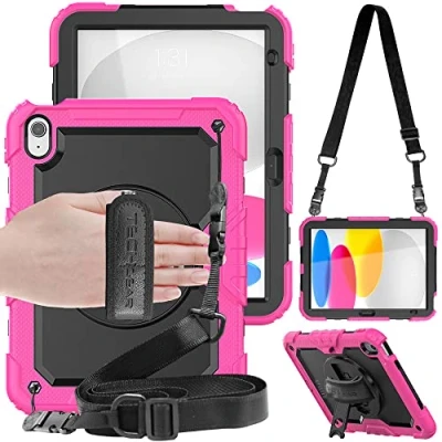 Abbildung von TECHGEAR Utility iPad 10 Generation 2022 hülle (10,9 Zoll) Robust Heavy Duty Stoßfeste Schutzhülle mit 360 Grad Schwenk ständer, stifthalter, Hand &amp; Schulter Gurt, Eingebaut schutzfolie Rosa