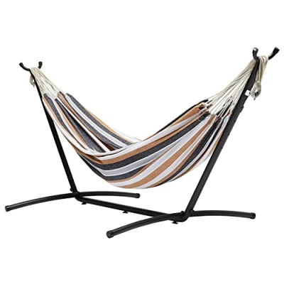 Abbildung von Amazon Basics Hängematte mit Gestell, Stoff, One Size, 117 cm x 300 100 cm, Mehrfarbig