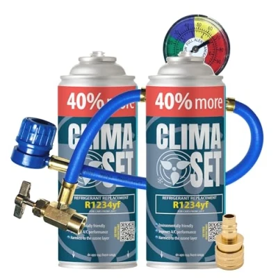 Abbildung von ClimaSet R1234yf Kältemittel Ersatzgas Kühlmittel Klima Auto mit Dichtmittel und Öl Gasflasche 2x235 g Klimaanlage Nachfüllset Wohnmobil Schlauch