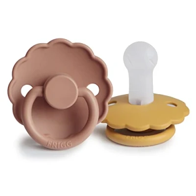Abbildung von FRIGG Daisy Silikon Schnuller 2 Packung Symmetrischer Sauger in Kirschform BPA frei Hergestellt Dänemark (Honey Gold/Rose Gold, Größe (6 18 Monate))
