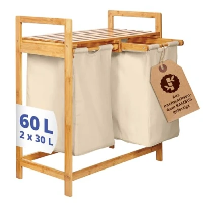 Abbildung von Lumaland Ausziehwäschekorb Bambus mit 2 ausziehbaren Wäschesäcken 73x64x33cm, Wäschesammler Deckel, Pflegeleichtes Material,  leicht abwischbar