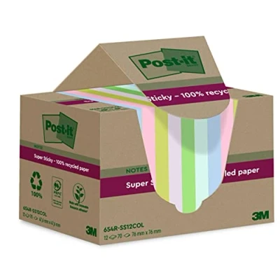 Abbildung von Post it Super Sticky 100 % Recycling Notes, 12 Blöcke, 70 Blätter pro Block, 76 mm x mm, Pink, Grün, Blau, Violett, Gelb Extra starke Haftnotizen aus Recyclingpapier