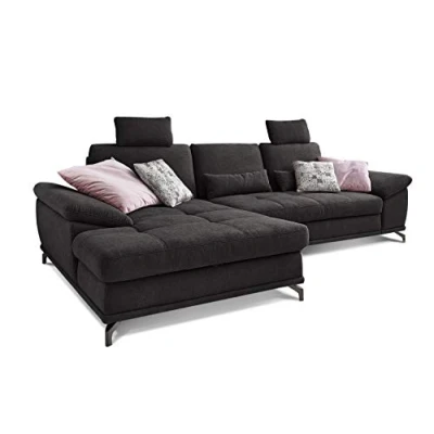Abbildung von Cavadore L Form Sofa Castiel mit Federkern / Großes Schlafsofa in Bettkasten, Sitztiefenverstellung, Kopfstützen und XL Longchair 312 x 114 173 Webstoff, Schwarz