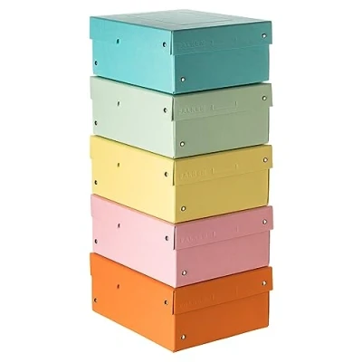 Abbildung von Original Falken 5er Pack PureBox Pastell. Made in Germany. 100 mm hoch DIN A5 farbig sortiert. Aufbewahrungsbox mit Deckel aus stabilem Karton Vegan Geschenkbox Transportbox Schachtel Allzweckbox