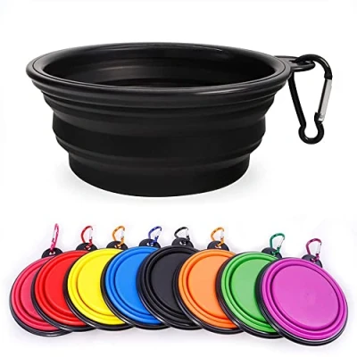 Abbildung von zusammenklappbarer Hundenapf, Wassernapf für Katzen, Hunde, tragbarer Futternapf mit Karabiner, Größe M (650 ml), Schwarz