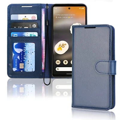 Abbildung von TECHGEAR Leder Hülle Pixel 6a, PU Flip Case Schutzhülle Ledertasche [Brieftasche] Handyhülle mit Ständer und Handschlaufe Beutel kompatibel Google 6a Blau