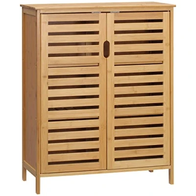 Abbildung von kleankin Badezimmerschrank Badschrank Beistellschrank mit 2 Lamellentüren, Innenregalen, Bambus Aufbewahrungsschrank für Badezimmer, Wohnzimmer 68 x 32 86 cm Natur