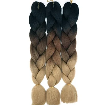 Abbildung von 24&quot; Braids Extensions Jumbo Kunsthaar 3 Bündel Kanekalon Synthetik Crochet Hair Flechthaar Afro Box Braiding (Schwarz &amp; Dunkelbraun Hellbraun)