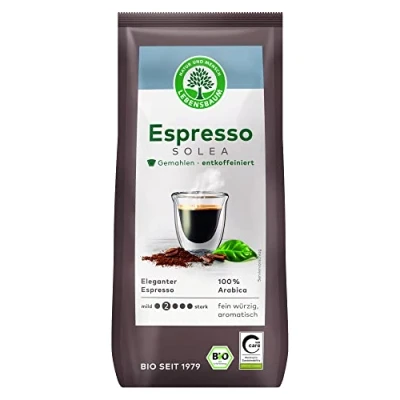 Abbildung von LEBENSBAUM entkoffeinierter Espresso Solea gemahlen, Bio Espressopulver aus 100% Arabica Bohnen, Intensität 2/5, sanft aromatisch, 250 g