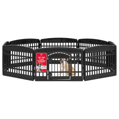 Abbildung von Iris Ohyama Welpenauslauf mit 8 Paneelen, H60cm, Schwarz, abschließbarer Tür, Katzengehege, Hundebox, Für Outdoor, Indoor, Welpenlaufstall, Hundezaun, Welpenzaun, Laufstall Hund, CI 608E
