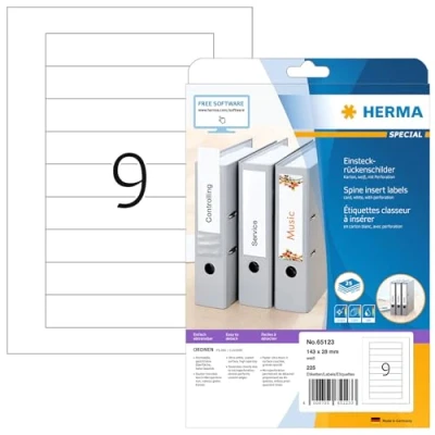 Abbildung von HERMA 65123 Einsteckrückenschilder für Ordner perforiert kurz schmal, 25 Blatt, 143 x 28 mm, 9 pro A4 Bogen, 225 Stück, bedruckbar, matt, blanko Karton Einsteckschilder Rückenschilder, weiß