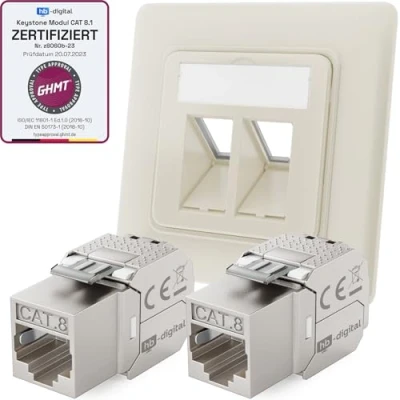 Abbildung von hb digital 2 Port CAT 8 Netzwerkdose unterputz RAL9010 + 2X GHMT zertifiziertes Keystone RJ45 Modul LAN Ethernet Dose Buchse Einbaubuchse max. 40 Gbit/s STP Reinweiß