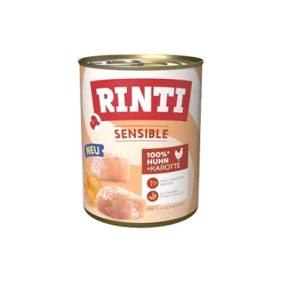 Abbildung von RINTI Sensible Nassfutter für Sensible, ausgewachsene Hunde mit natürlichen Fleischstücken. Getreidefreies Alleinfutter in der Dose ohne künstliche Zusätze 6x800g Huhn + Karotte