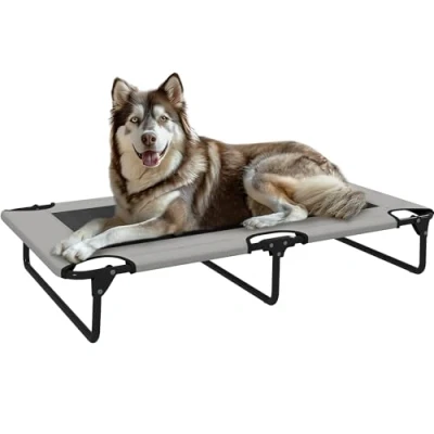 Abbildung von PawHut Hundeliege Outdoor, Erhöhtes Hundebett für Groß Hunde, klappbar Kühlendes Haustierliege mit Metallrahmen rutschfesten Füßen, Haustierbett Draußen Camping, 107x61x20cm, Hellgrau