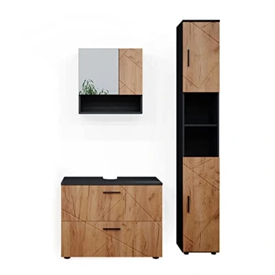 Abbildung von Vicco Badmöbel Set Irma, Anthrazit/Eiche, 3 Teile, mit Schubladenschrank und Hochschrank, (3 St., er Set)