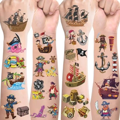 Abbildung von Piraten Tattoos für Kinder,10 Blätter Kindertattoos Hautfreundlich Set Temporäre zum Aufkleben,Mitgebsel Kindergeburtstag Geschenke Party Deko Kinder Tattoo Jungen