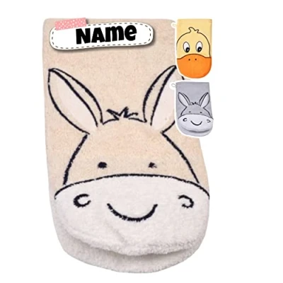 Abbildung von Baby Waschhandschuh personalisiert Waschlappen Kinder mit Namen bestickt 100% Baumwolle Frottee Geschenke (Esel Natur)