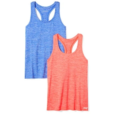 Abbildung von Amazon Essentials Damen Tech Stretch Racerback Tanktop (Erhältlich In Übergröße), 2er Pack, Hellblau Space dye/Korallenorange dye, M