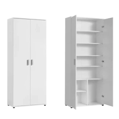 Abbildung von Mehrzweckschrank 75 cm breit mit 2 Türen &amp; 6 Einlegeböden, Vielseitiger Haushaltsschrank für Vorräte, Putzmittel, Akten, Universalschrank Haushalt, Flur, Büro, Keller, 75x35x184 (BxTxH), Weiß