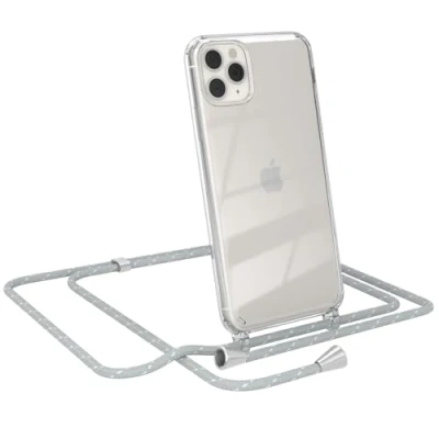 Abbildung von EAZY CASE Handy Chain kompatibel mit iPhone 11 Pro Max, Handykette Tasche transparent, Stoßfeste Soft Silikon TPU, Stylische Kette Hülle für Smartphone, Grau/Weiß Verschlüssen in Silber