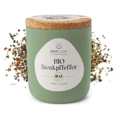Abbildung von POTLUCK Bio Steakpfeffer mit Meersalz Gewürzmischung im Keramiktopf 70g Vegan, glutenfrei und natürlichen Inhaltsstoffen