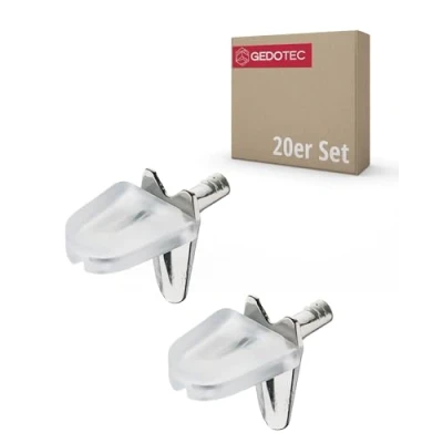 Abbildung von Gedotec Glas Bodenträger 3 mm Fach mit Sicherung H9638 Tablarträger für Holz und Böden Stahl vernickelt Kunststoff transparent 20 Stück Regalbodenträger Stifte Möbel