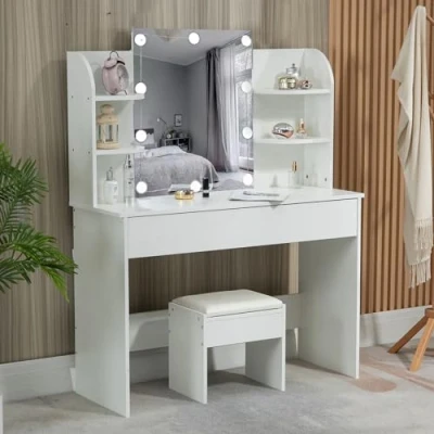 Abbildung von Thanaddo Schminktisch mit Beleuchtung, Spiegel, Hocker, Schublade &amp; 4 Ablagefächern, 105 x 40 140 cm, Frisiertisch, Modern Kosmetiktisch, Weiß