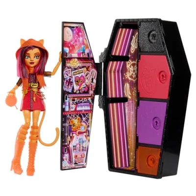 Abbildung von Monster High Skulltimate Secrets Toralei Stripe Puppe Leuchtender Spind mit über 19 bunten Überraschungen,Überraschungen, abwaschbare geheimnisvolle Beschichtung, für Kinder ab 6 Jahren, HNF80