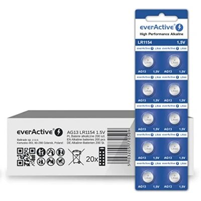 Abbildung von everActive AG13 1.5V, 200 Stück Batterien, Alkaline, Mini, G13 LR1154 LR44, 4 Jahre Haltbarkeit, 20 Blisterkarten
