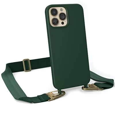 Abbildung von EAZY CASE Handykette Silikon mit Karabiner kompatibel iPhone 13 Pro Max Handyhülle breitem Umhängeband, Handykordel Silikon, Hülle, Kette für Smartphone, Pinien Grün Glänzend Gold