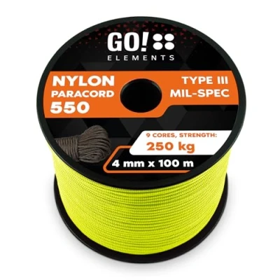 Abbildung von GO!elements 100m Paracord Seil aus reißfester Nylonschnur 4mm 550 Typ III Schnur geeignet als Allzweckseil &amp; Reepschnur Max. 250kg, Farbe: Neon