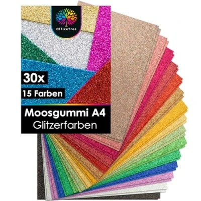 Abbildung von OfficeTree Moosgummi 30 Bögen Glitzer 2mm 15 Farben