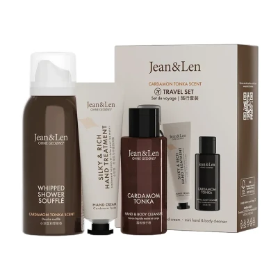 Abbildung von Jean &amp; Len Travel Set Cardamom Tonka, ideales kleines Geschenk oder Mitbringsel, Produkte für Körper und Geist, Verpackung ist FSC zertifiziert, kleine Reisegrößen, veganes Geschenkset