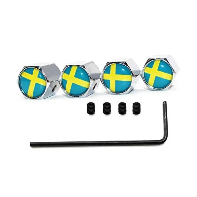 Abbildung von 5 Teile/Satz Zink Legierung diebstahl Schweden Nationalflagge Reifen Ventilkappe Rad Stem Luftventilkappen für Auto Autos (Silber)