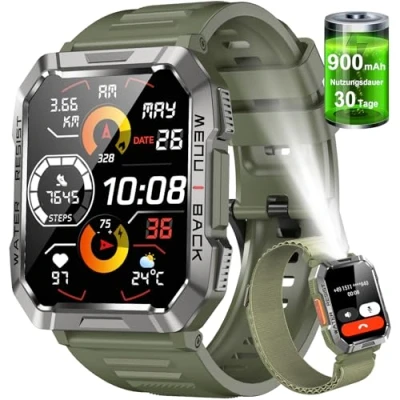 Abbildung von IOWODO Militär Smartwatch Herren,100 Tage Akku, LED Taschenlampe, Bluetooth Anrufe, Fitness Tracker,100+ Sportmodi, Herzfrequenz &amp;SPO₂ Monitor, IP68 Wasserdicht, Schlafüberwachung