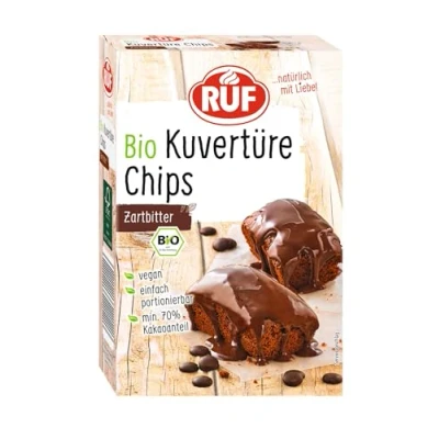 Abbildung von RUF Bio Kuvertüre Chips Zartbitter, mit mind. 70% Kakaoanteil, zum Glasieren &amp; Dekorieren von Kuchen, Torten Keksen, glutenfrei vegan, 1 x 150g