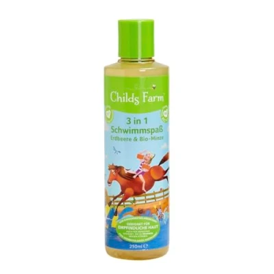 Abbildung von Childs Farm 3 in 1 Kinder Schwimmspaß, Erdbeere und Bio Minze 250 ml, Duschgel, Shampoo Conditioner Geeignet für trockene, empfindliche auch zu Neurodermitis neigende Haut