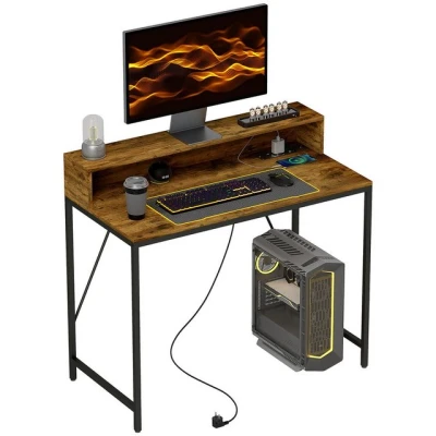 Abbildung von HOMCOM Computertisch mit Anschlüssen, Monitorfläche und Ablage (Computertisch, 1 St., Schreibtisch), für Büro, Arbeitszimmer, 100 x 50 90,5 cm, Rustikales Braun