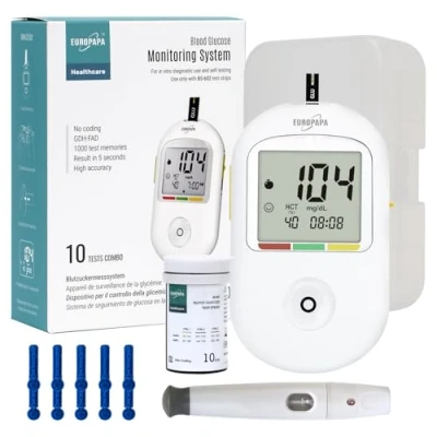 Abbildung von EUROPAPA Blutzuckermessgerät für Blutzuckers Selbstkontrolle, 10 Stk Blutzuckerteststreifen und Blutlanzetten Stechhilfe, Blutzuckermesssystem Diabetes Set mg/dL
