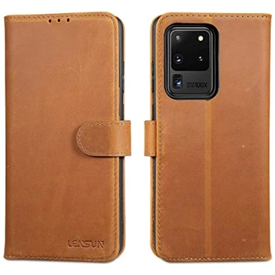 Abbildung von LENSUN Echtleder Hülle für Samsung Galaxy S20 Ultra, Handyhülle Leder [Magnetverschluss][RFID Schutz] Handytasche Lederhülle Ultra 5G Vintage Braun