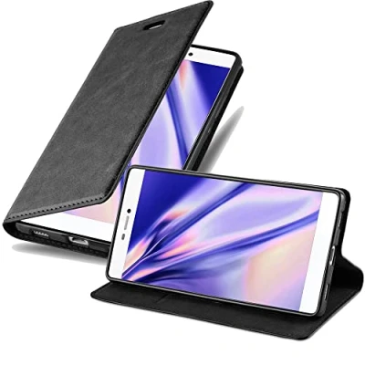 Abbildung von Cadorabo Hülle kompatibel mit Huawei P8 aus Premium Kunst Leder Flip Klappbare Stoßfeste Magnetische [Standfunktion] [Kartenfächern] Cover für Tasche in Schwarz