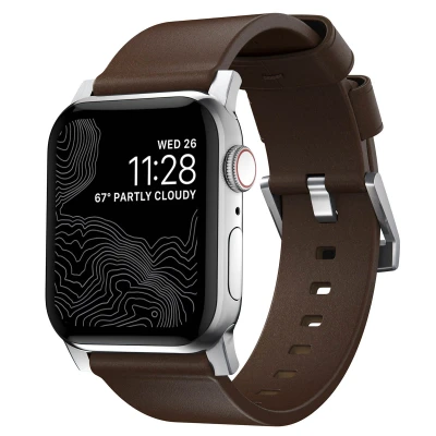 Abbildung von Nomad Apple Watch Armband Echtes Leder Braun Geeignet für Series 1 9 / SE Ultra (2) 42/44/45/49 mm Braun/Silber