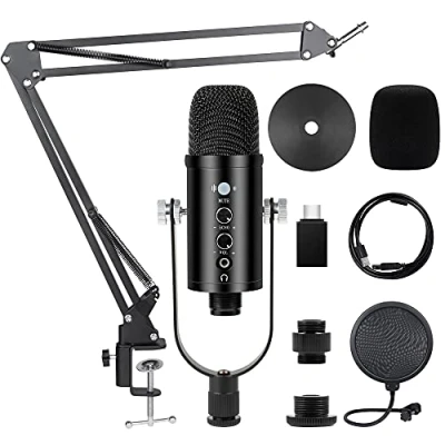 Abbildung von Kalawen USB Mikrofon PC Kondensator Mikrofone Cardioid Podcast Kit mit Arm Mikrofonständer Stoßdämpferhalterung Aufnahme Microphone für Studio, Broadcast, YouTube, Video