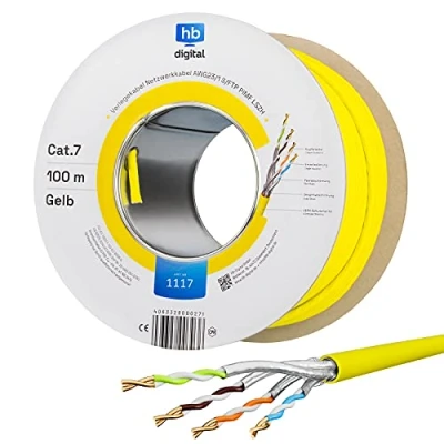 Abbildung von hb digital Netzwerkkabel LAN Verlegekabel Cabel 100m CAT 7 Kupfer Profi S/FTP PIMF LSZH Halogenfrei gelb RoHS Compliant cat. Cat7 AWG 23/1