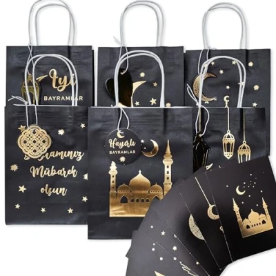 Abbildung von PAPIERDRACHEN Geschenkbox 6 bunte Henkeltüten zu Ramadan mit Anhängern und Postkarten, Postkarten ideal zum Verpacken von Geschenken