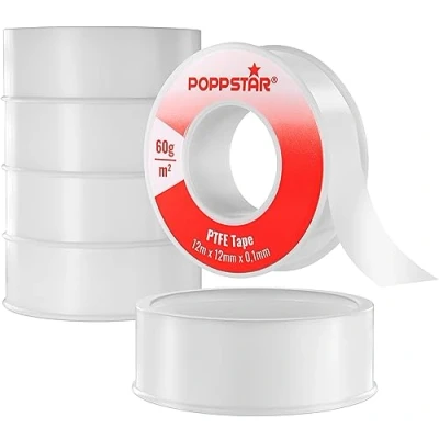 Abbildung von Poppstar Gewindedichtband PTFE 60g/m² FRp für Feingewinde, (5 St), Teflon Dichtband Gas &amp; Wasser Abdichtung 12m x 12mm 0,1mm