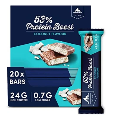 Abbildung von Multipower 53% Protein Boost 20 x 45 g Riegel Coconut mit hochwertigem 24 Eiweiß und 1,4 Zucker je Eiweißriegel