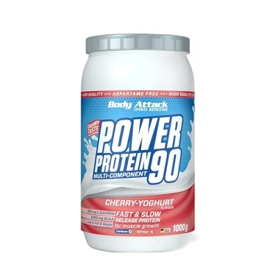 Abbildung von Body Attack POWER Protein 90 Cherry 1kg Dose Mehrkomponenten Pulver, Made in Germany Mit BCAA, Vitaminen &amp; L Carnitin Shake extra cremiger Geschmack, gute Löslichkeit