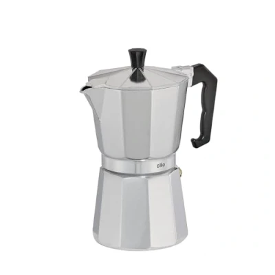 Abbildung von cilio Espressokocher Classico für 6 Tassen Höhe: 20 cm Ø: 9 Aluminium Gehäuse Silber Espresso Kocher mit Planboden Reisen oder Camping Kaffeekocher